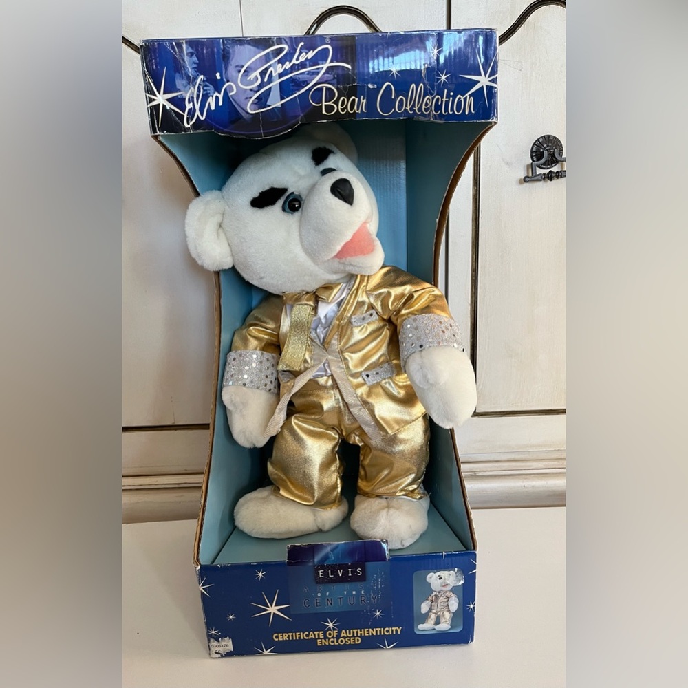 New Vintage Spencers ELVIS PRESLEY “Gold Lame" BEAR In Box White Teddy Bear Rare